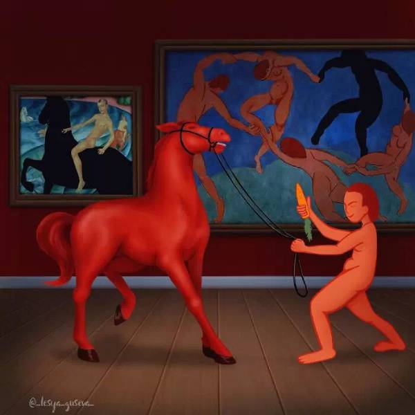 detournement tableaux lesya guseva cheval rouge homme nu