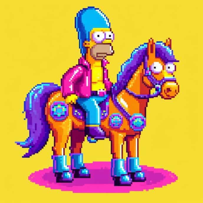 Une image Pixelart d’Homer Simpson sur un cheval dans un style électrique