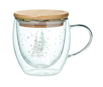Tasse en verre borosilicate à double paroi 220 ml avec couvercle bambou