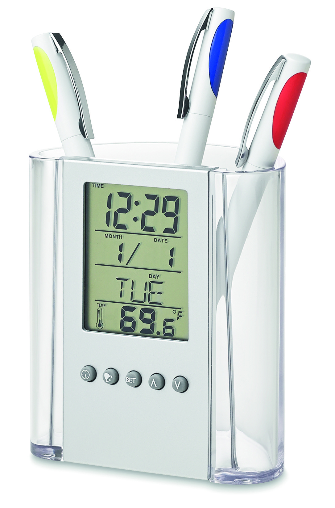 Porte stylo multi-fonctions avec pendulette calendrier et thermomètre