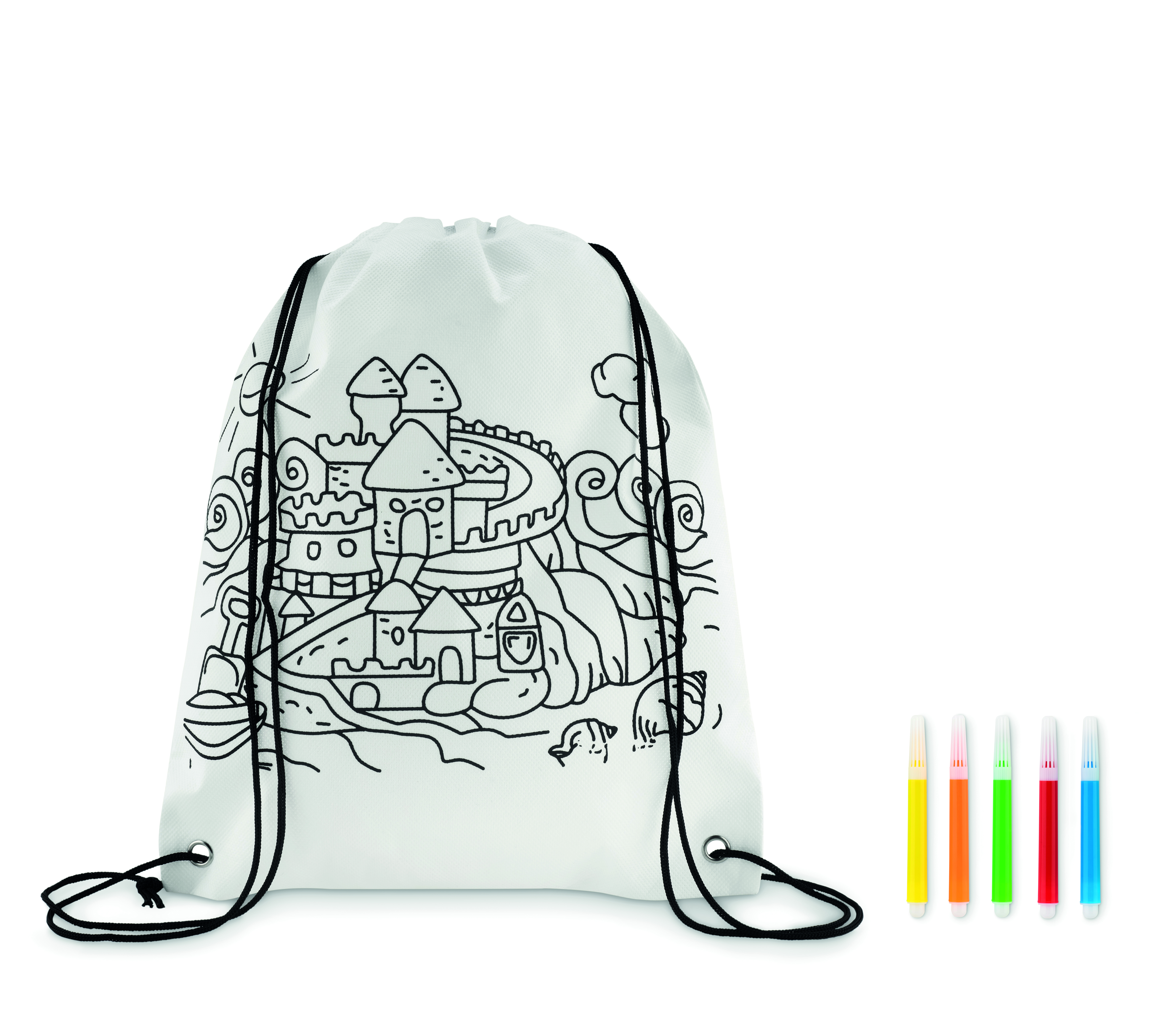 Sac à cordon non tissé à colorier 80 g/m² avec 5 feutres