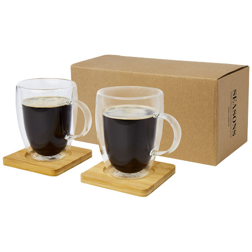 Tasse 2 pièces Manti de 350 ml à double paroi en verre avec sous-verre en bambou personnalisable