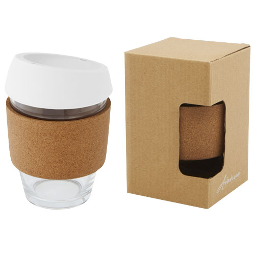 Gobelet de 360 ml en verre borosilicate avec grip en liège et couvercle en silicone Lidan
