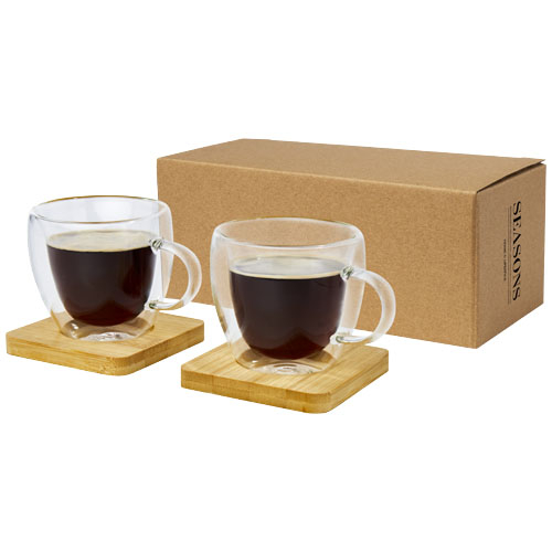 Ensemble de tasses Manti 2 pièces en verre à double paroi avec sous-verre bambou 100 ml