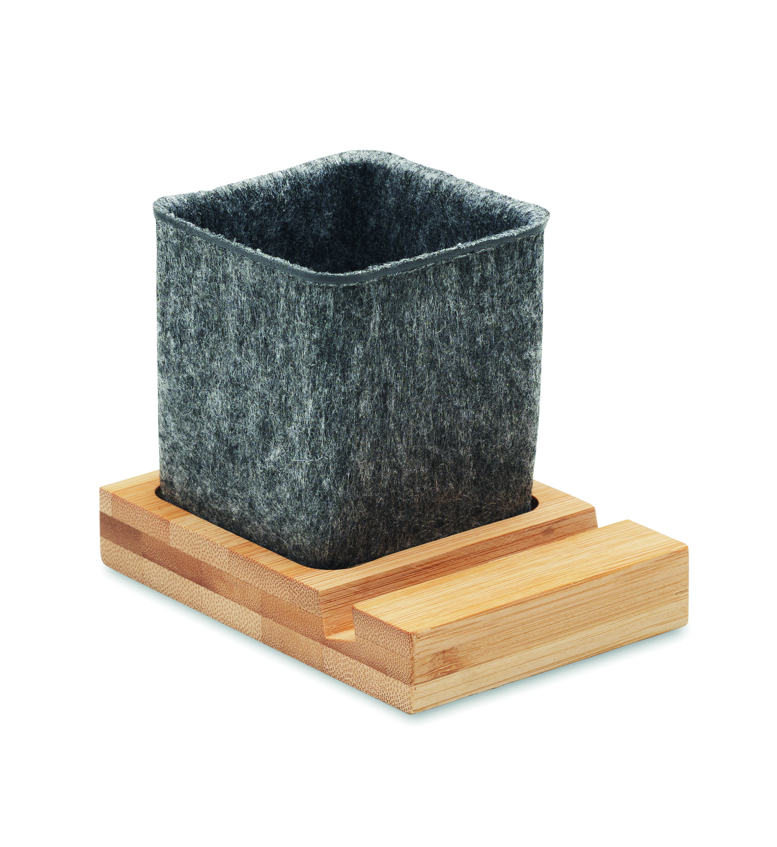 Pot à crayons en feutre RPET avec base bambou et support smartphone
