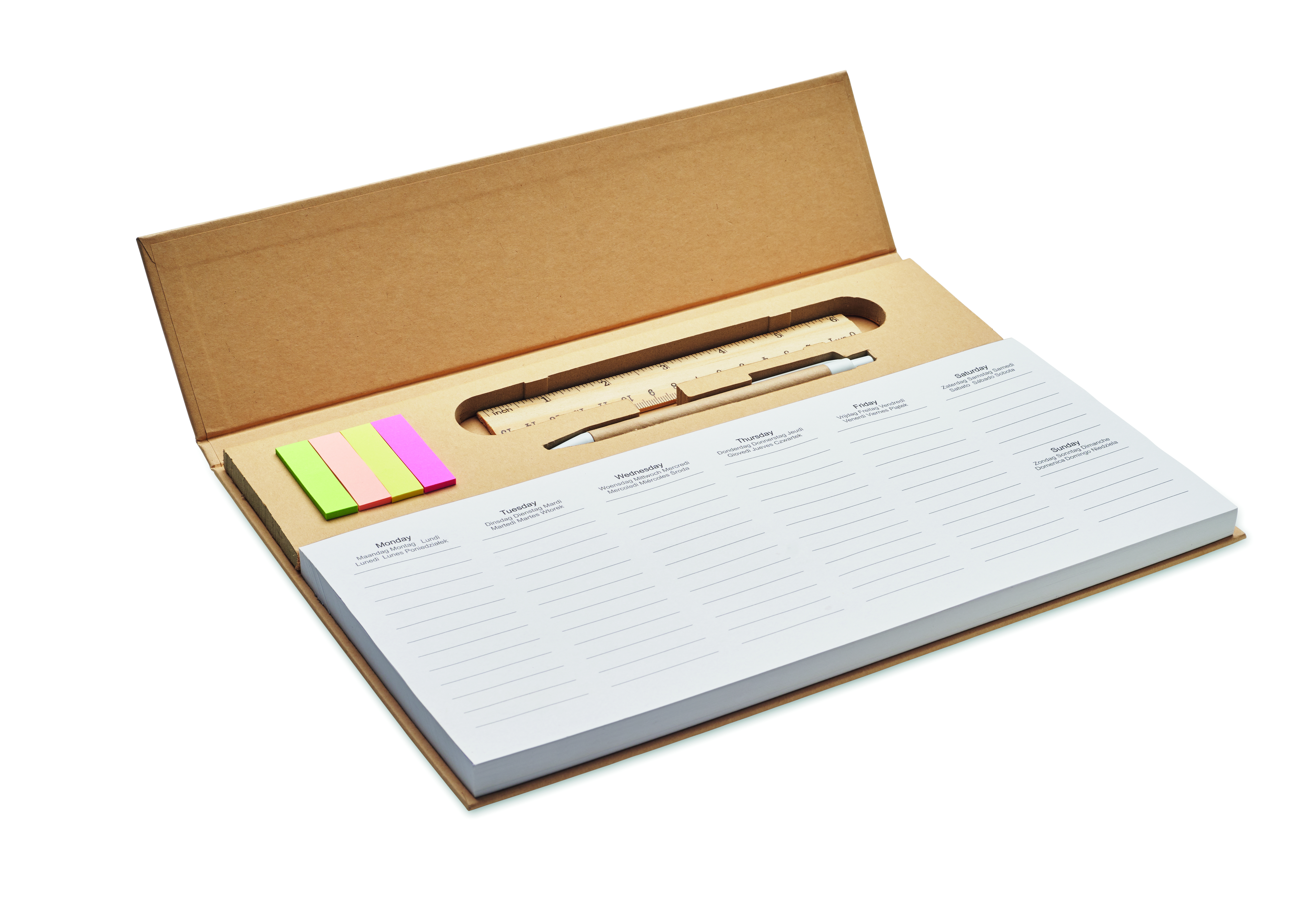 Agenda hebdomadaire de bureau 6 langues avec stylo et bloc-notes