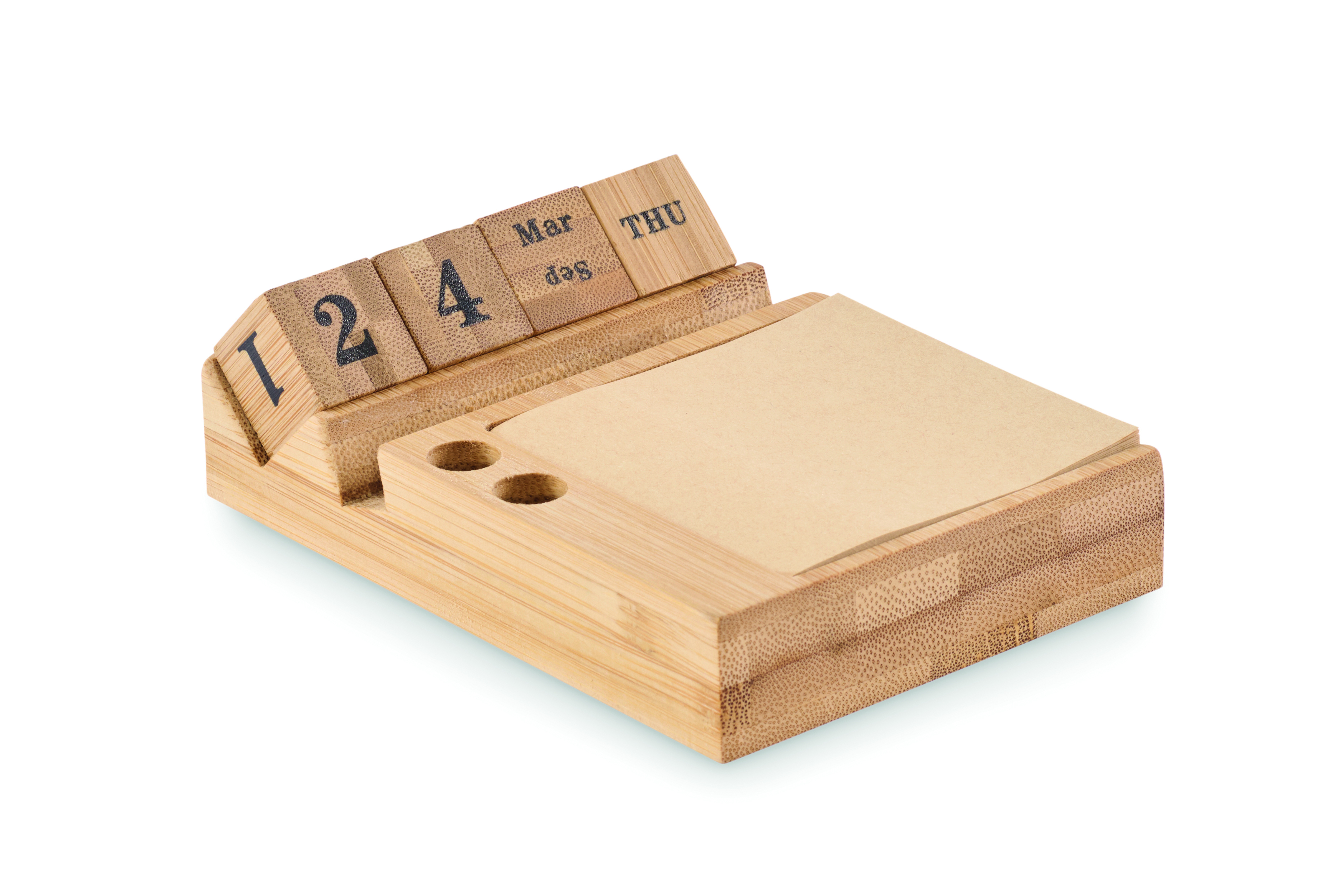 Calendrier de bureau en bambou FSC avec porte-téléphone, porte-stylos et notes autocollantes