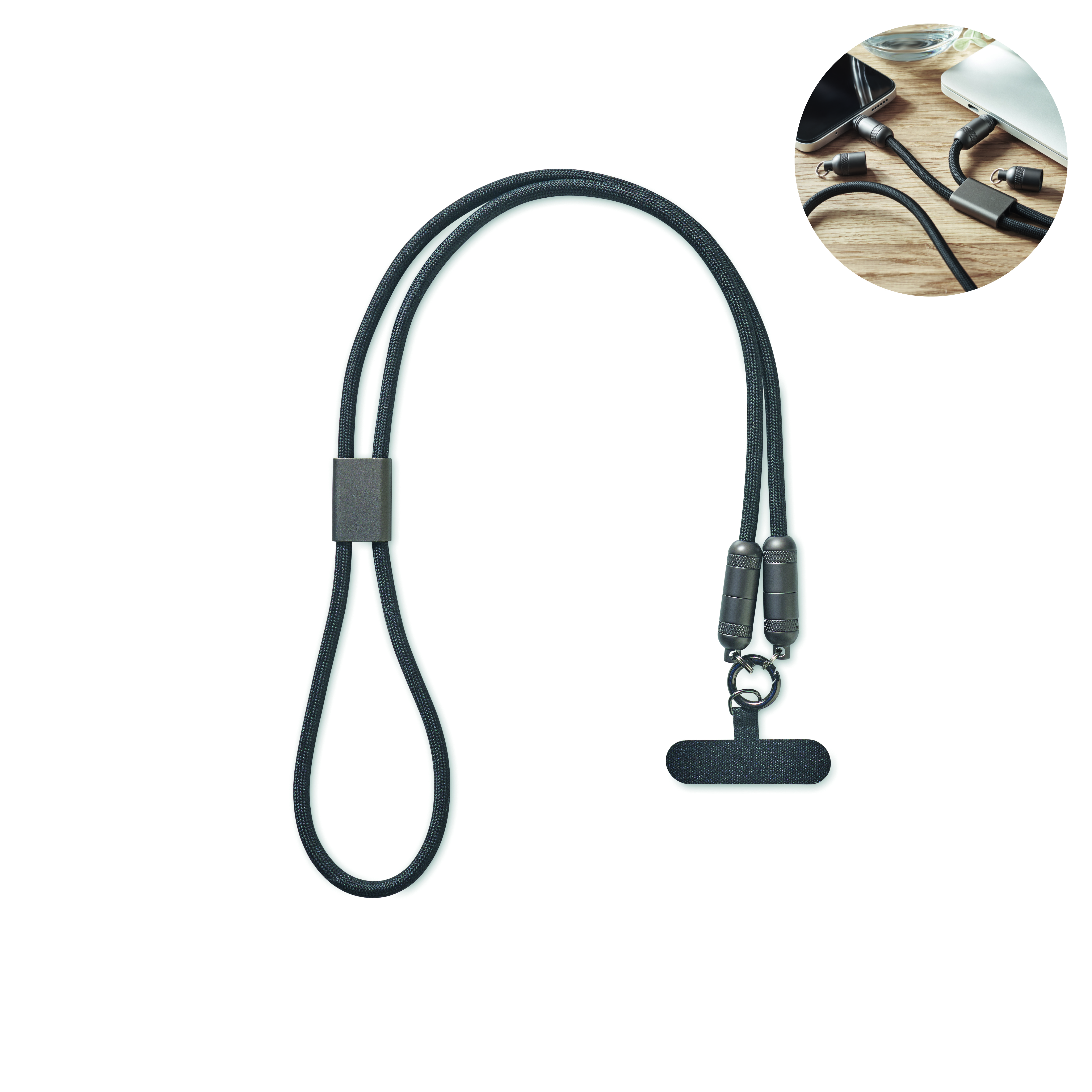 Câble lanière 60W USB-C vers USB-C en RPET avec support téléphone