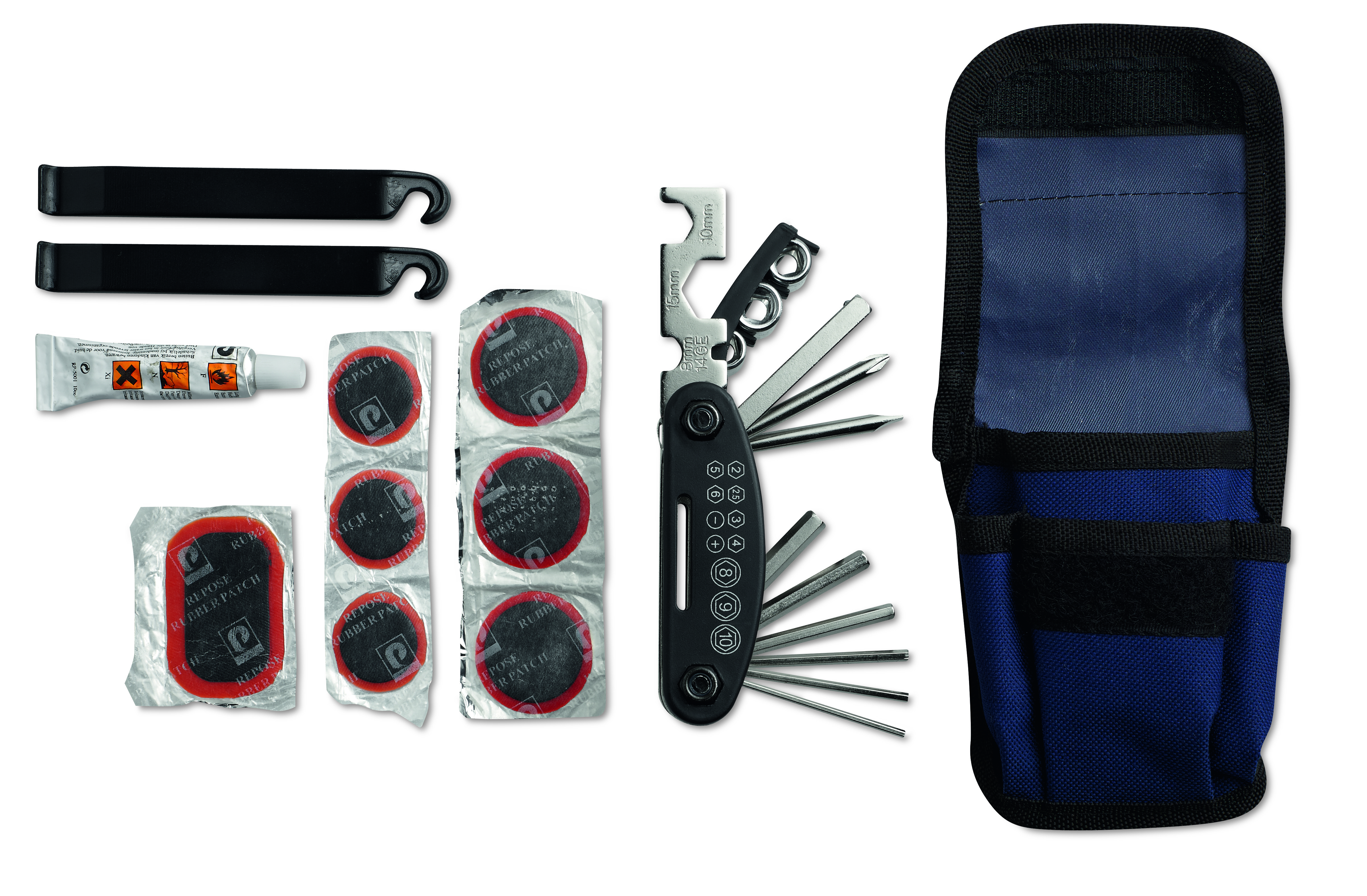 Kit de réparation vélo 15 pièces avec pochette réfléchissante