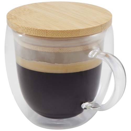 Tasse en verre Lenora de 250 ml avec couvercle en bambou personnalisable