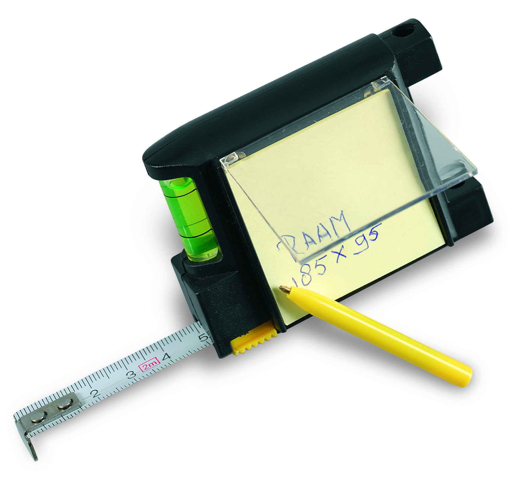 Mètre ruban 2 m avec niveau, bloc-notes et stylo bille