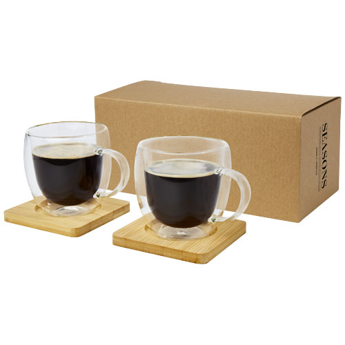 Tasse Manti 2 pièces en verre à double paroi de 250 ml avec sous-verre en bambou personnalisable
